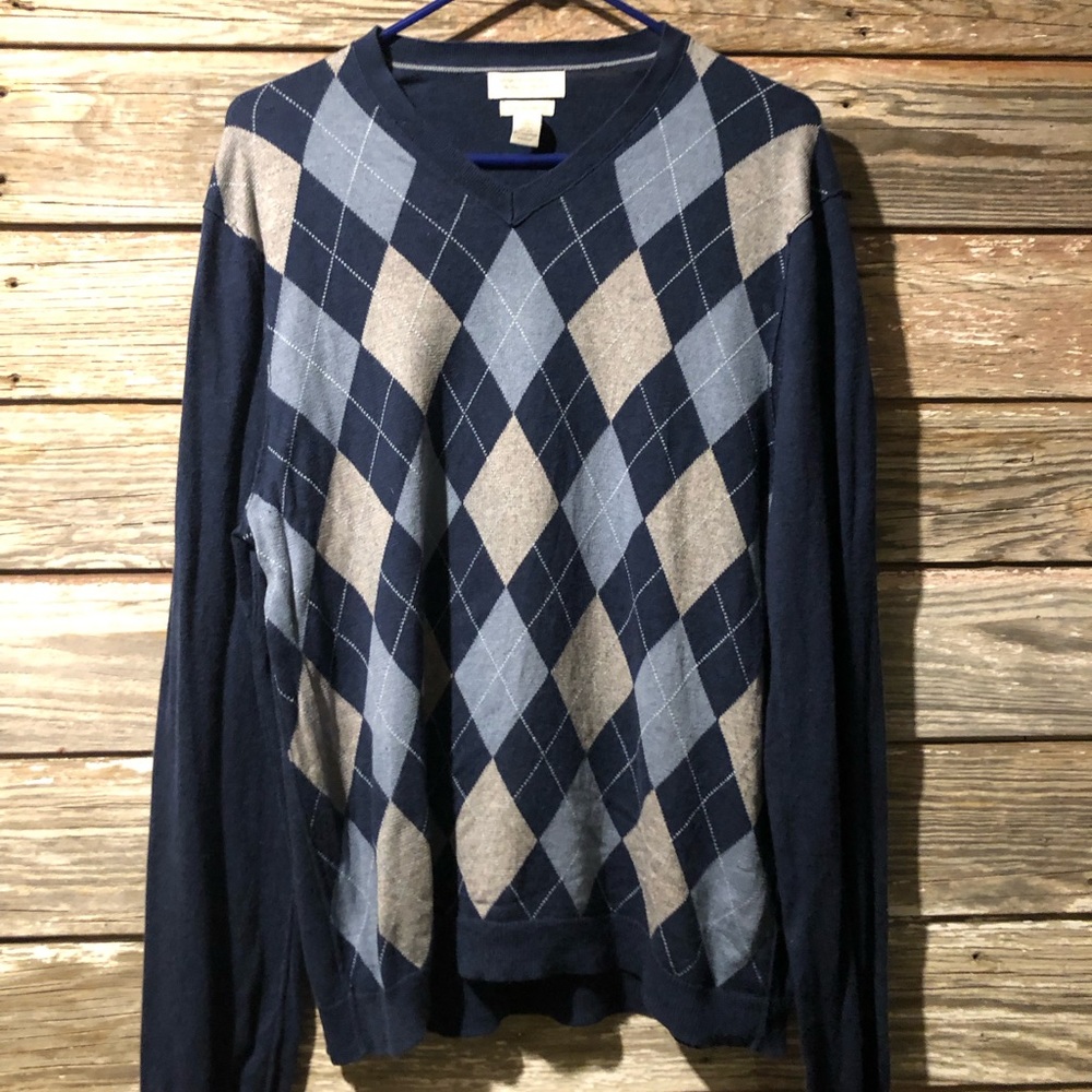 Banana Republic Silk Cashmere sweater. Blue argyle. Mens XL.